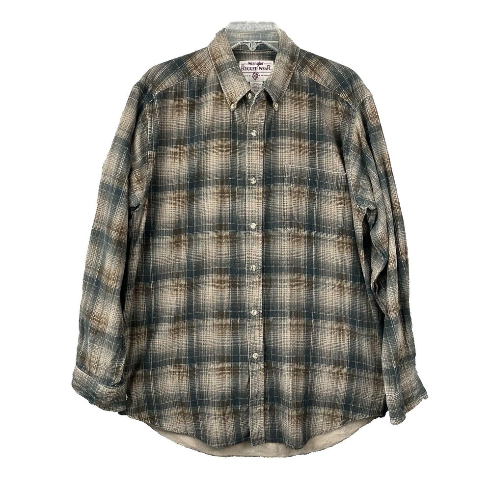 VTG Wrangler Rugged Wear Corduroy Shirt Men's M Button Down Grunge Western Plaid